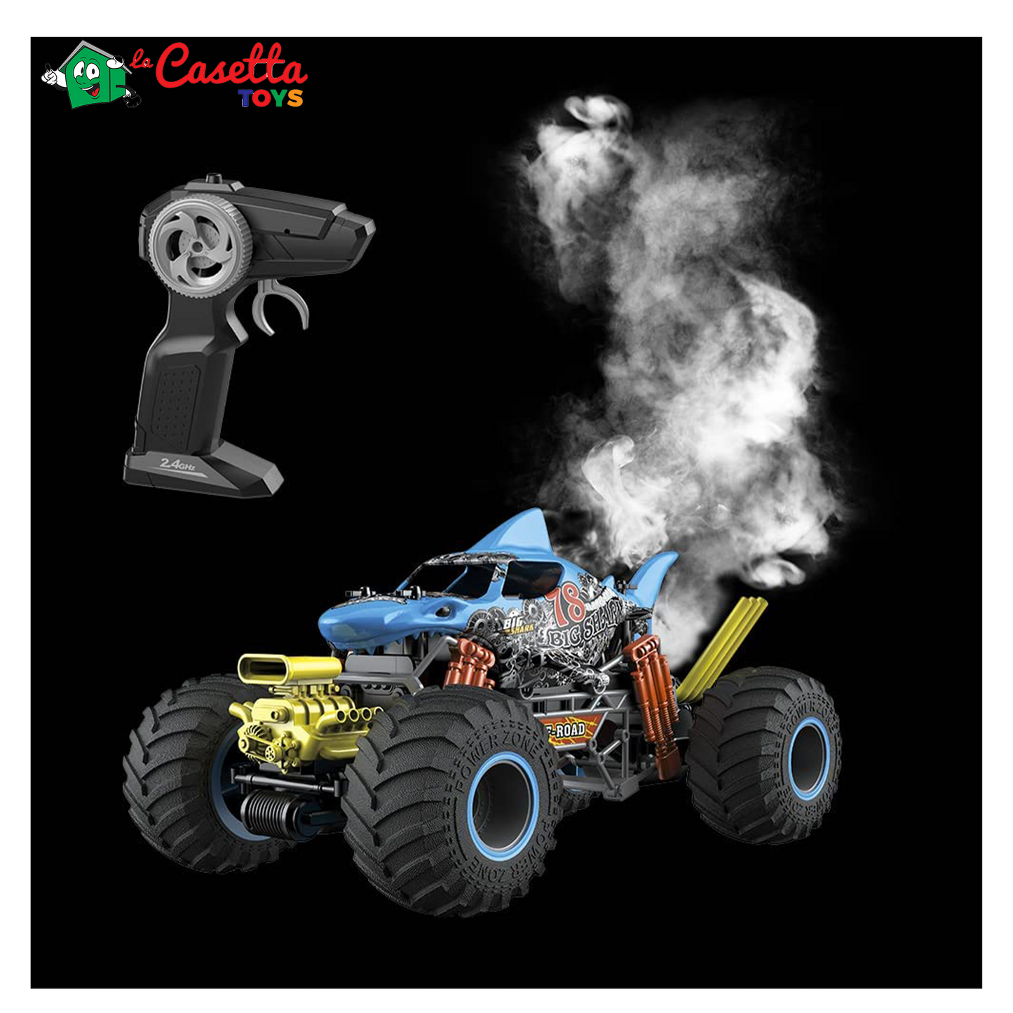 Radiocom Monster Shark XL, Macchina Giocattolo Scala 1:12. Con Ruote Grandi, Effetto Fumo dal Tubo di Scarico, Simulazione della Vibrazione. Misura: 39 x 25 x 20 cm RC 2.4 Ghz, Velocità Max 13 km/h