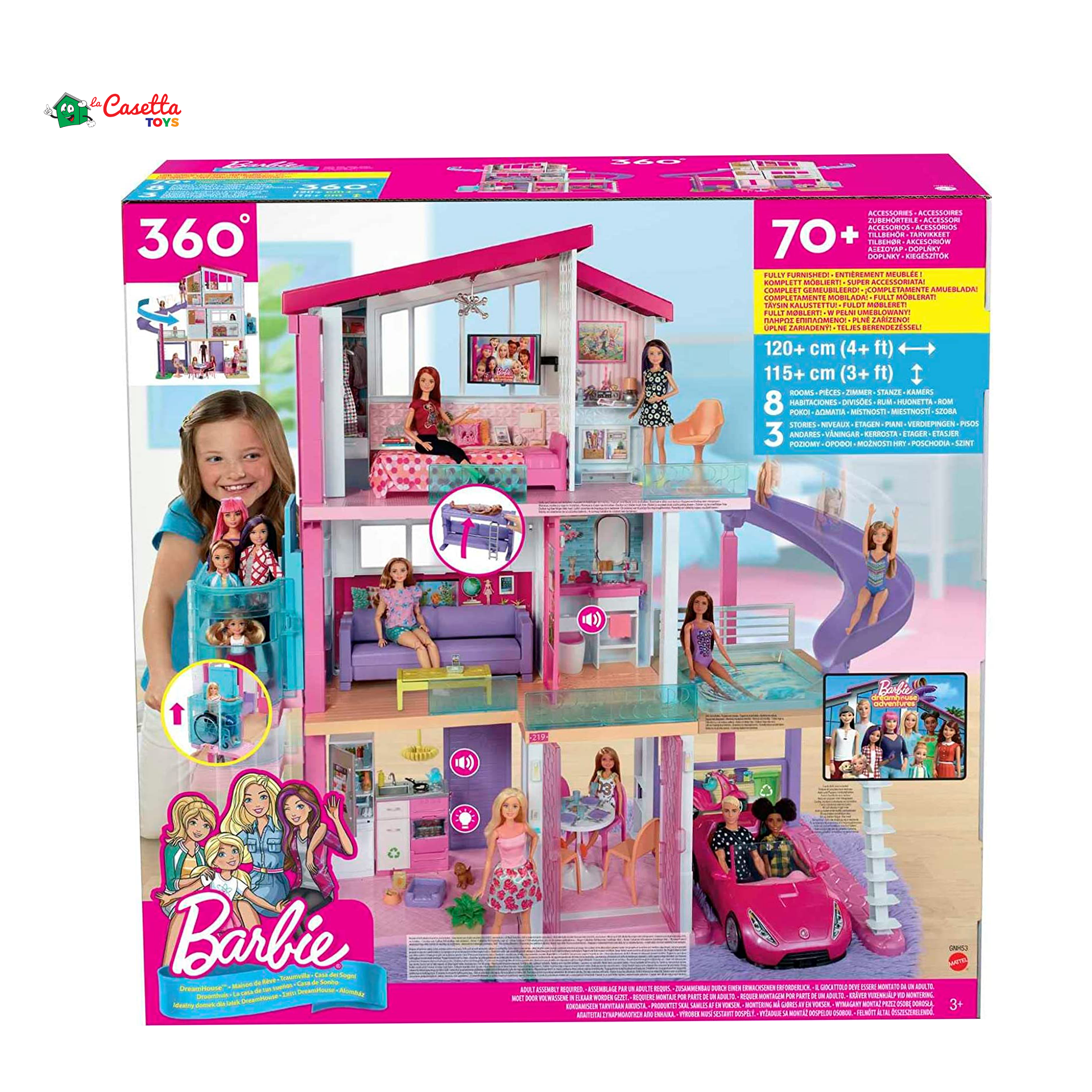 Barbie Casa dei Sogni Casa a 3 Piani con 8 Stanze Ascensore e Piscina con Scivolo DVX59 Cabrio Glamour Auto Due Posti Con Dettagli Realistici Rosa