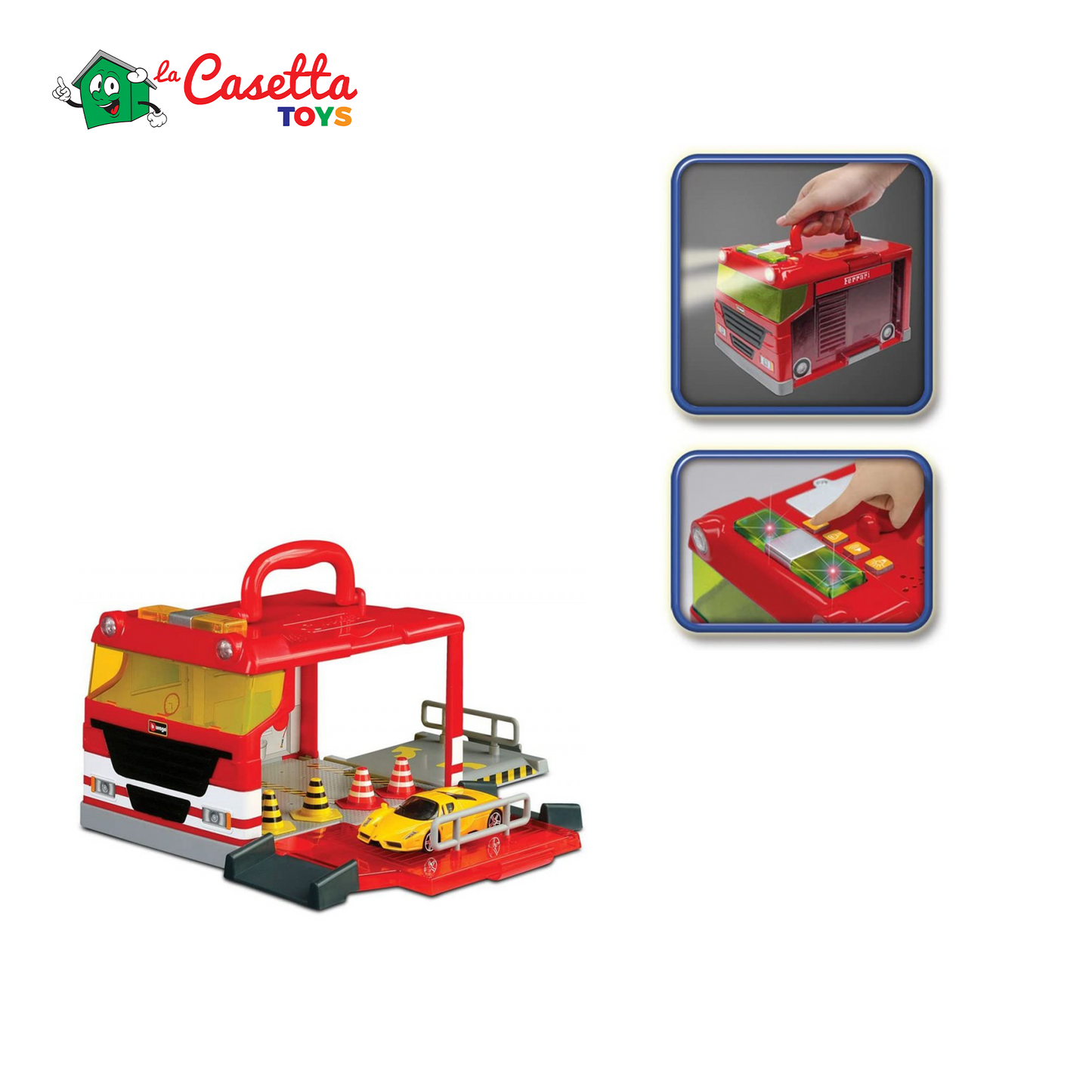 Burago Ferrari Race & Play Cube, Ferrari garage portabile con luci e un auto inclusa, 1:43, BC6004