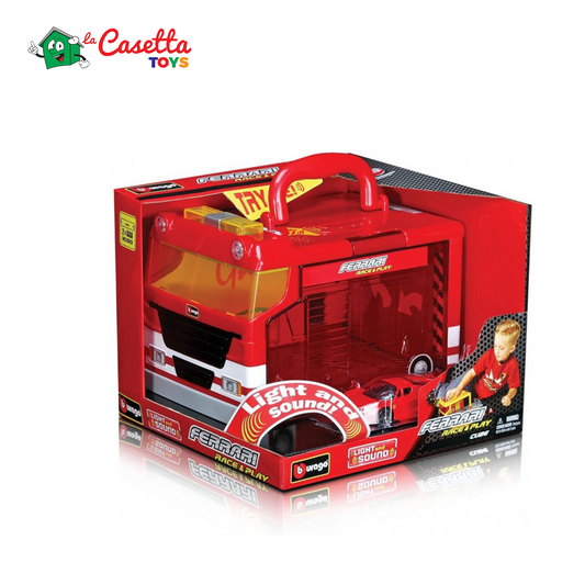 Burago Ferrari Race & Play Cube, Ferrari garage portabile con luci e un auto inclusa, 1:43, BC6004